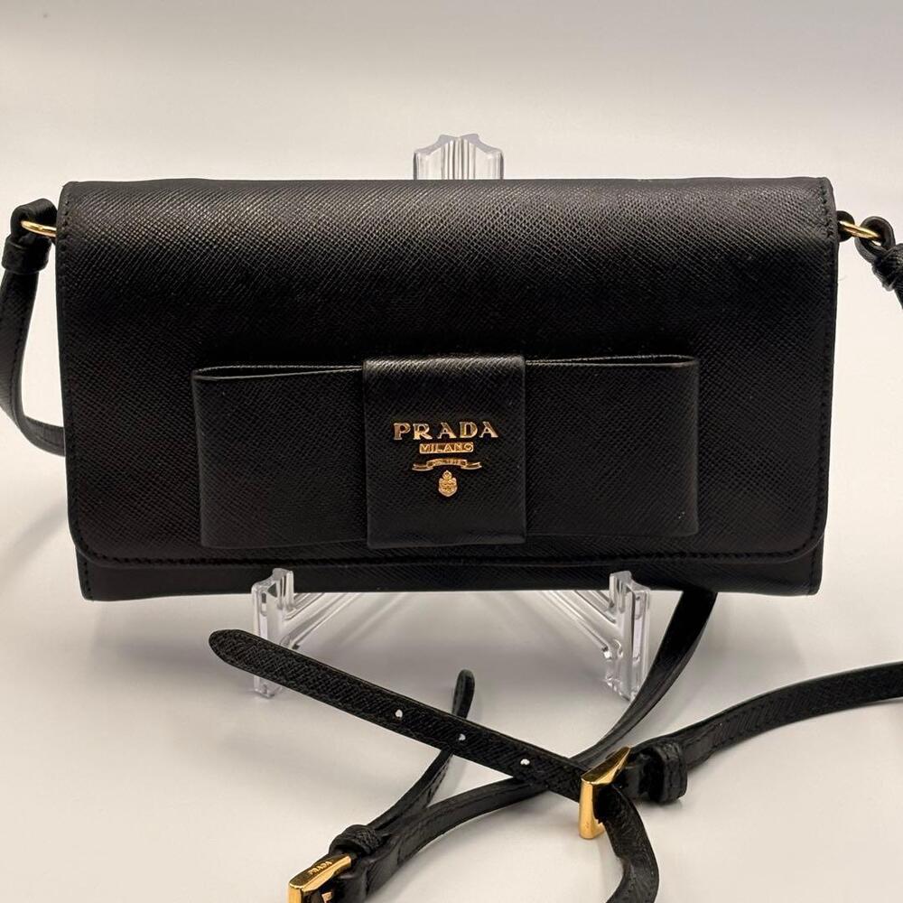 PRADA Ribbon Chain Wallet Saffiano Leather Black